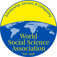 Logo for the World Social Science Association. Established 1958. Scholarship, service, and collegiality. Blue globe and yellow background