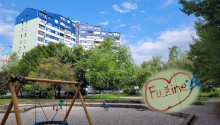 Public park and apartment building in Fužine, Slovenia