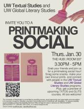 Image of hands using an ink roller with pink ink on a linocut printing stamp. Image of stamp with ink on it. Image of linocut print transferred to paper. Event title and details.