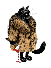 Cat in fur coat with bloody axe