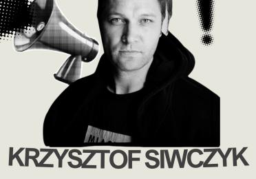 Image of poet Krzysztof Siwczyk with megaphone and exclamation point. Title: Prof. Florczyk and Prof. Jezyk Present An Evening with Krzysztof Siwczyk Details: Monday, Feb. 24 CMU 120 6 - 7:30pm. Event description, Slavic department logo.