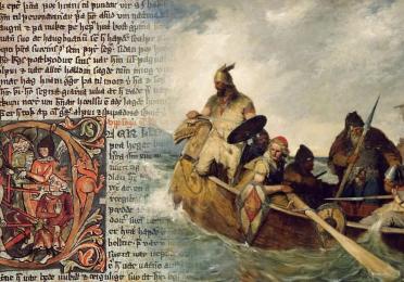 Vikings on a boat, rowing into a book