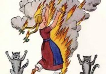 Drawing of a woman on fire next to two screaming cats. The meme caption says "My life is a Fairy Tale/But the author is German."