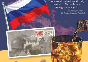 Moscow 93 book cover: Russian flag, glass of whisky rocks being poured, flames, soldiers marching in uniform, and a stamped postcard showing the Russian army shelling the burning Russian White House in October 1993.