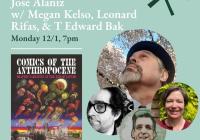 (Clockwise from the top) Jose Alaniz looking up, Megan Kelso smiling straight to the camera, an illustration-like photo of Leonard Rifas Smiling, and a quarter angle of T Edward Bak. On the left of the photos, the logo of the event is placed.