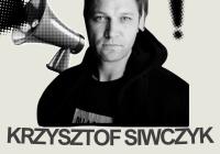 Image of poet Krzysztof Siwczyk with megaphone and exclamation point. Title: Prof. Florczyk and Prof. Jezyk Present An Evening with Krzysztof Siwczyk Details: Monday, Feb. 24 CMU 120 6 - 7:30pm. Event description, Slavic department logo.