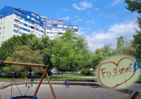 Public park and apartment building in Fužine, Slovenia