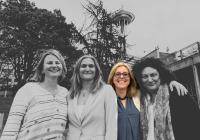 Mira Martinovic stands with friends in front of the Space Needle