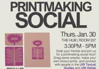 Image of hands using an ink roller with pink ink on a linocut printing stamp. Image of stamp with ink on it. Image of linocut print transferred to paper. Event title and details.