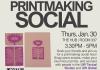 Image of hands using an ink roller with pink ink on a linocut printing stamp. Image of stamp with ink on it. Image of linocut print transferred to paper. Event title and details.